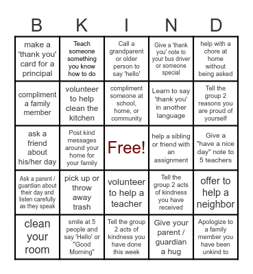 KINDNESS AT HOME, SCHOOL, COMMUNITY Bingo Card