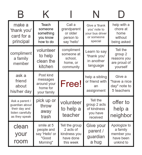 KINDNESS AT HOME, SCHOOL, COMMUNITY Bingo Card