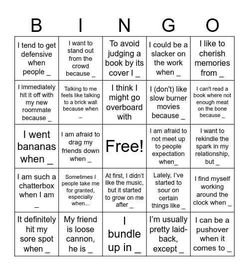 Personality Bingo Card