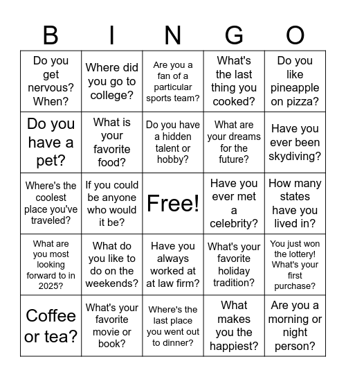 Get to Know You Bingo Card