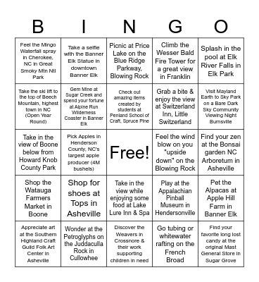 Western North Carolina Bucket List Bingo Card