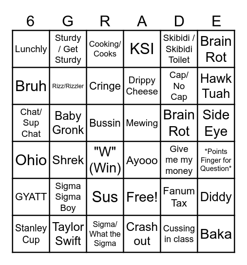 Brain Rot Bingo Card