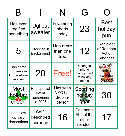 Virtual Holiday Party Bingo Card