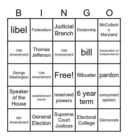 Government Semester Review Bingo Card