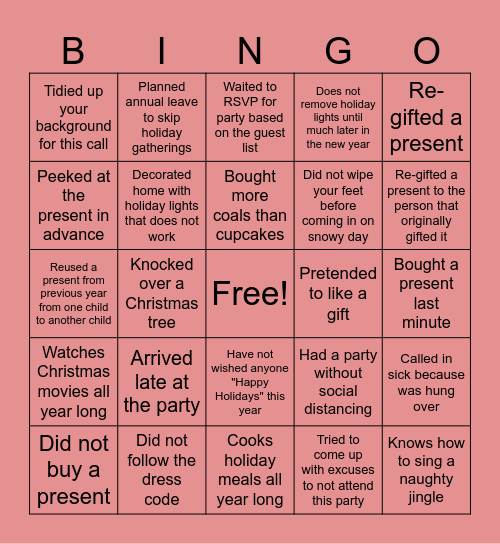 The naughty list Bingo Card