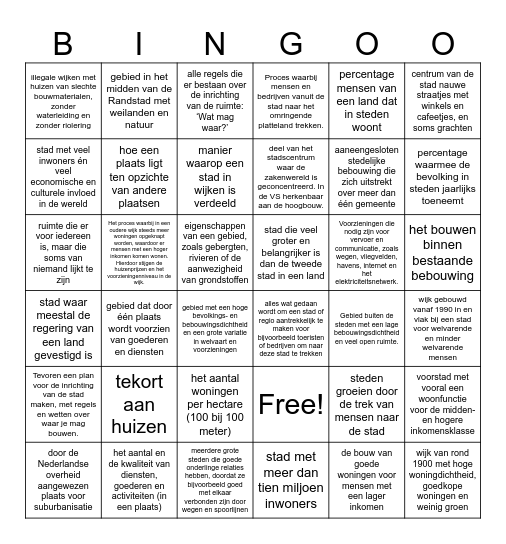 Steden 2HAVO definities Bingo Card