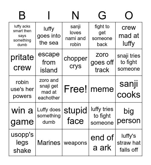 one piece Bingo Card