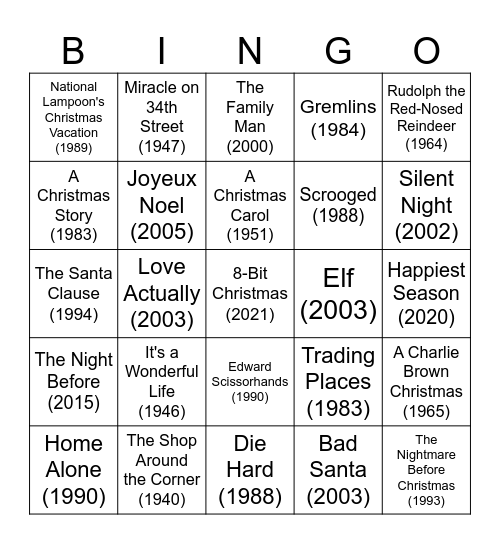 Top 25 Christmas Movies of All Time Bingo Card