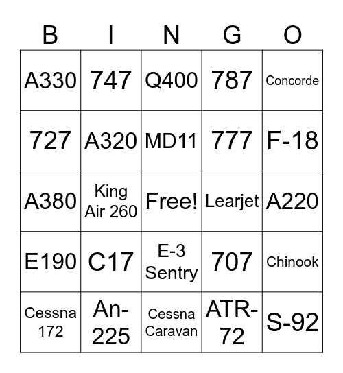 PTFS Plane Spotting Bingo Card