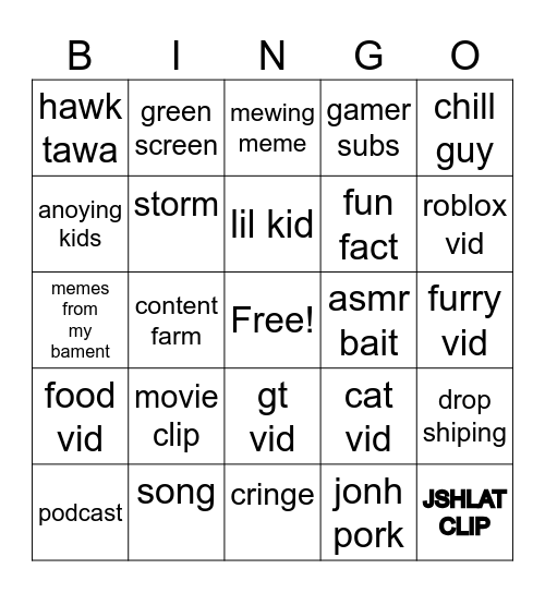 YOUTUBE SHORTS BINGO Card