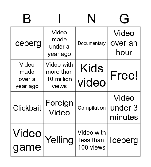 YouTube Recommended Bingo Card