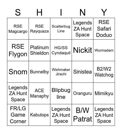 2025 Shiny Goal Bingo Card