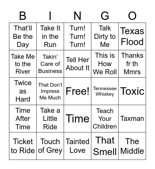 T Songs Bingo Card