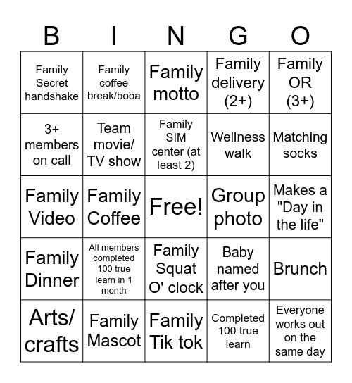 Family Wellness Bingo (at least 3 members, unless stated) Bingo Card