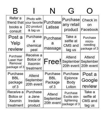 Charleston Medical Spa September Beauty Bingo Card