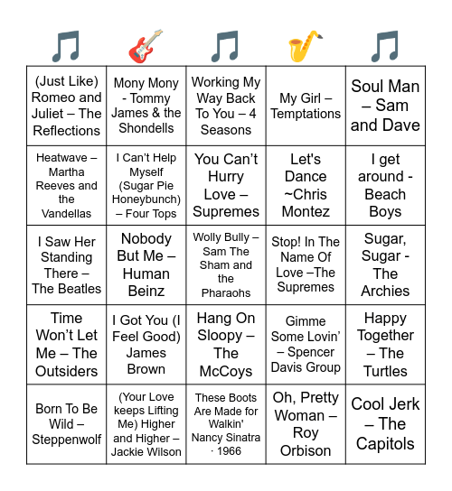 1960'S Hits Bingo Card