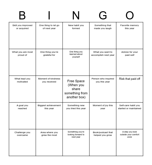 Self Reflection Bingo Card