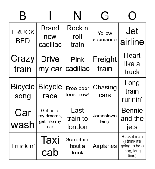 Planes, Trains and Automobiles Bingo Card