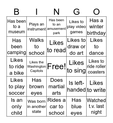 Classmate Bingo Card