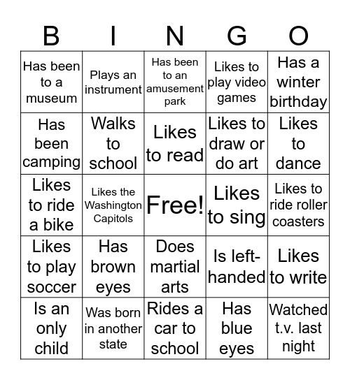 Classmate Bingo Card