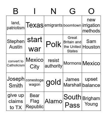 Manifest Destiny Bingo Card