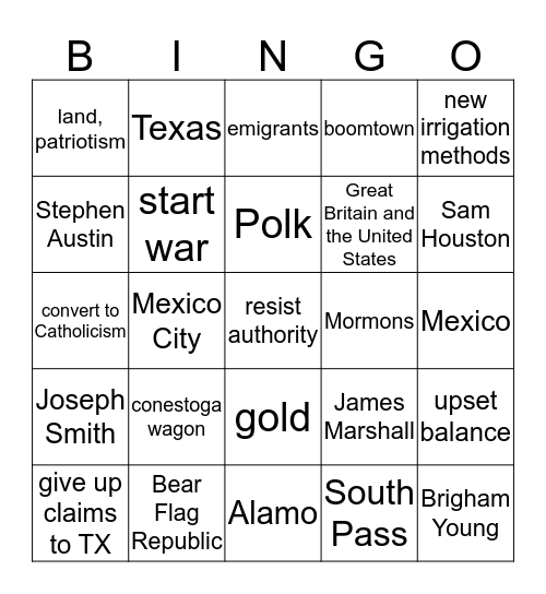 Manifest Destiny Bingo Card