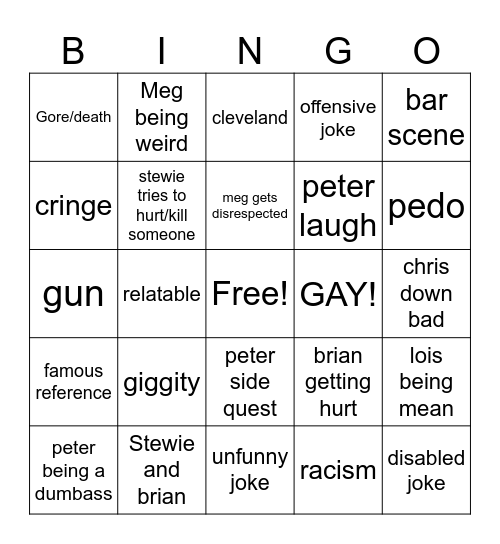 Family Guy Bingo Card