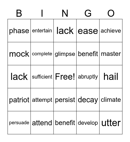 Vocabulary Bingo Card