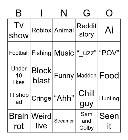 TikTok bingo Card