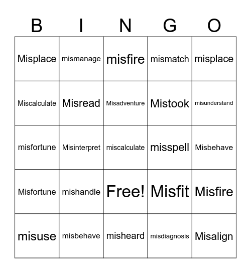 Prefix Mis- Bingo Card