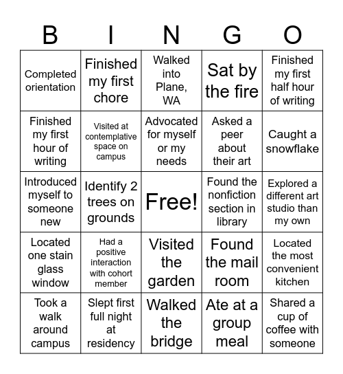 Residency Bingo Card