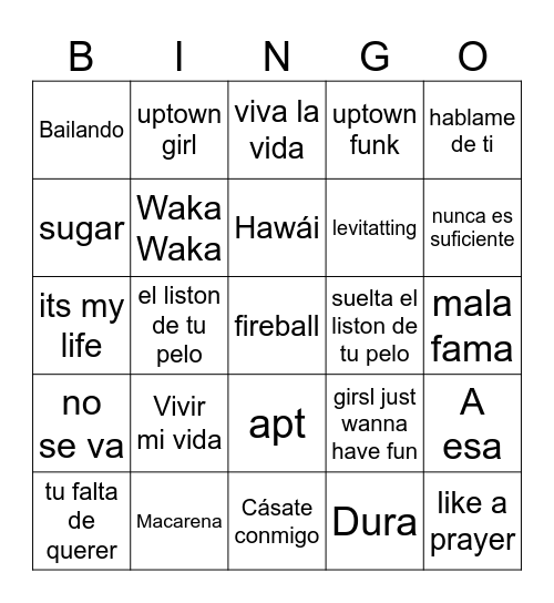 Bingo Musical Bingo Card