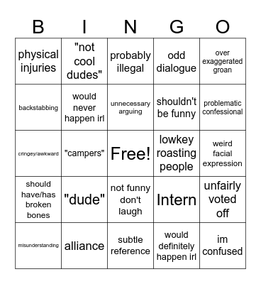 Total Drama Bingo Card