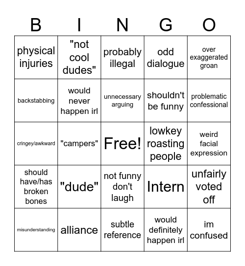 Total Drama Bingo Card