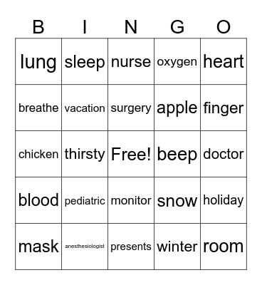 Pediatric Anesthesiologist Bingo Card