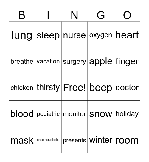 Pediatric Anesthesiologist Bingo Card