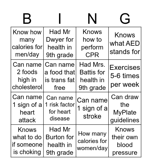 11th Health Bingo Card