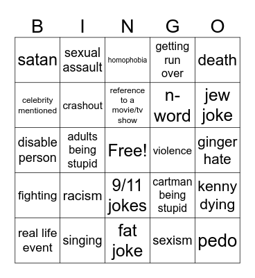 south park Bingo Card