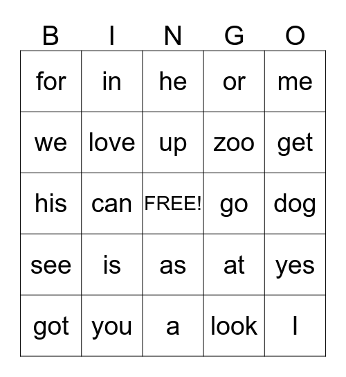 Word list A Bingo Card