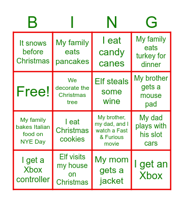 Tavian's Holiday Bingo Card