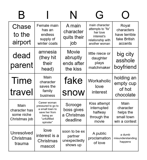 Christmas Hallmark Movie Bingo Card