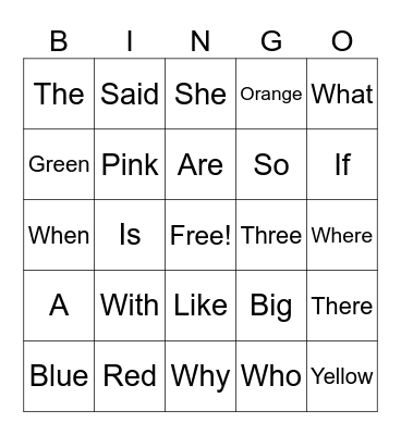 Sight Words Bingo Card