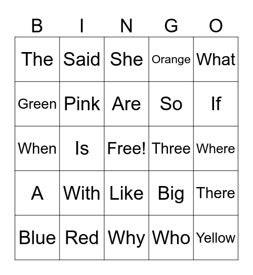 Sight Words Bingo Card