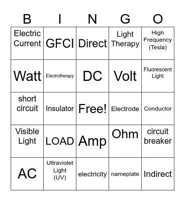 electricty Bingo Card