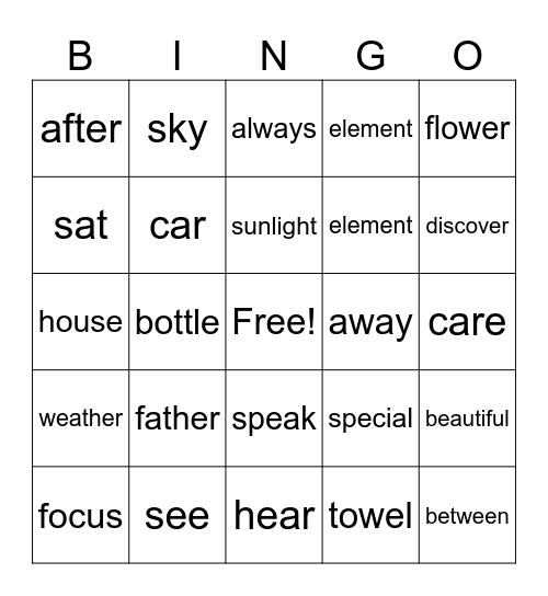 words Bingo Card