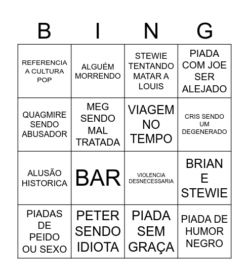 PETER FAMILY GUY Bingo Card