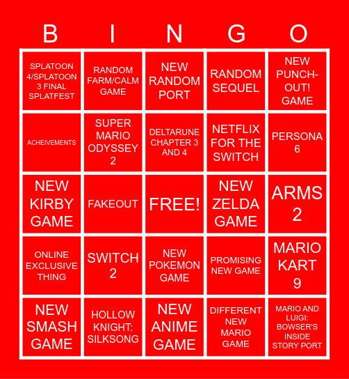 NINTENDO DIRECT BINGO Card