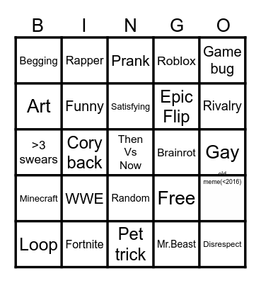 Youtube Shorts Bingo Card