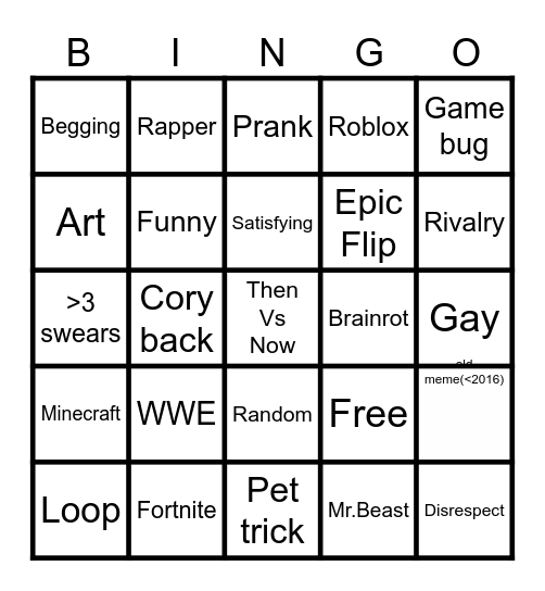 Youtube Shorts Bingo Card