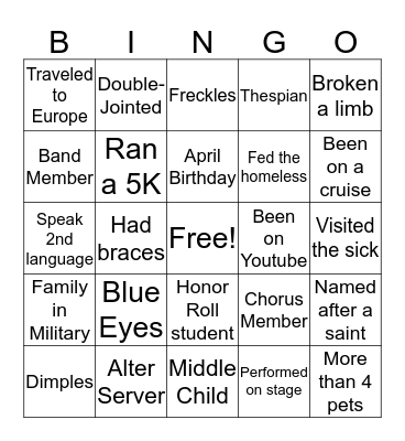 Life Teen Bingo Card